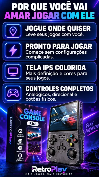 Por que você vai amar jogar com ele: jogue onde quiser, pronto para jogar, tela IPS colorida e controles completos.